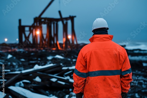 A worker in an orange jacket and hard hat stands on a construction site at dusk, observing a partially built structure in a rugged environment. photo