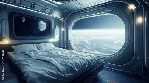 Fototapeta Naklejka Na Ścianę i Meble -  Innovative interior showcasing a bedroom with a spectacular space view.