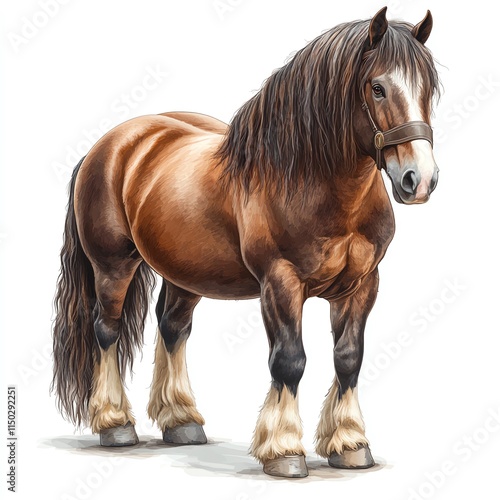 A strong, muscular horse stands confidently, showcasing its powerful build and long mane, with distinctive feathering on its legs. photo