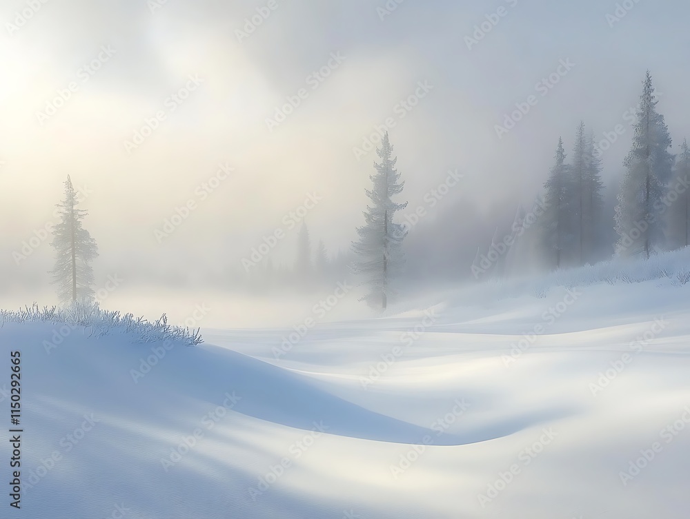 Winter fog rolling over a quiet snow-covered meadow with distant trees Winter fog rolling over a quiet snow-covered meadow with distant trees
