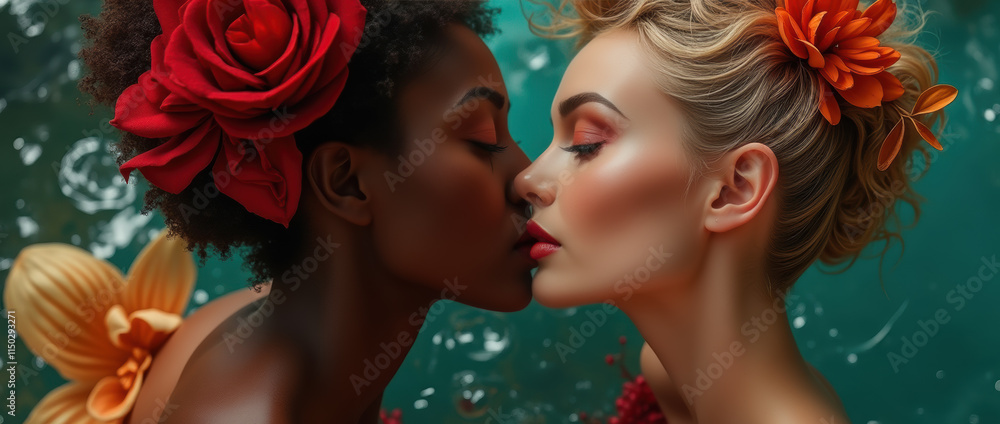 Obraz premium Two women in a romantic bond amid warm and cool hues.