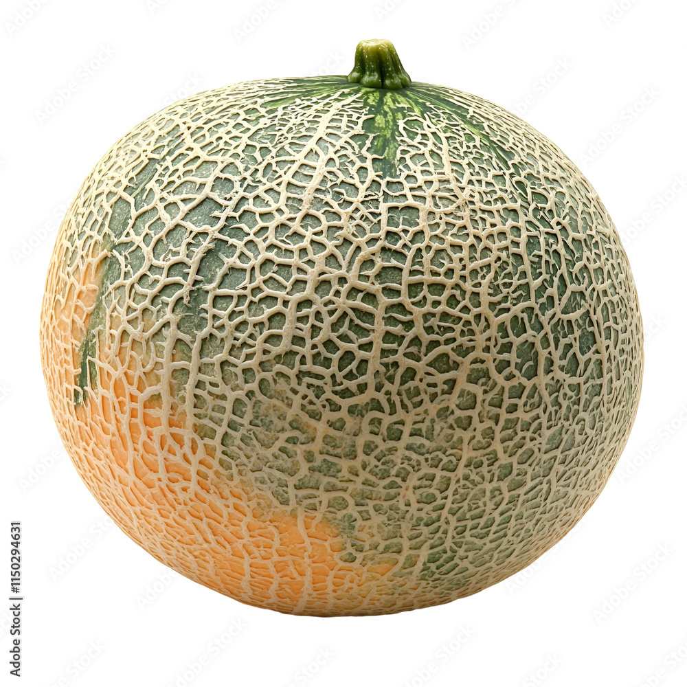 Front view close-up of an extremely perfect looking single cantaloupe fruit isolated on a white transparent background Front view close-up of an extremely perfect looking single cantaloupe fruit isolated on a white transparent background