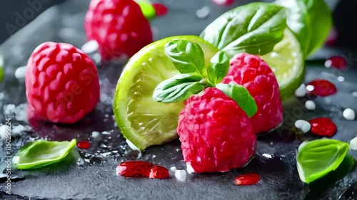 A beautifully plated gourmet dessert featuring a creamy scoop adorned with fresh raspberries, a slice of lime, and a basil leaf on a sleek dark plate. midras of powdered sugar adds a delectable touch. photo