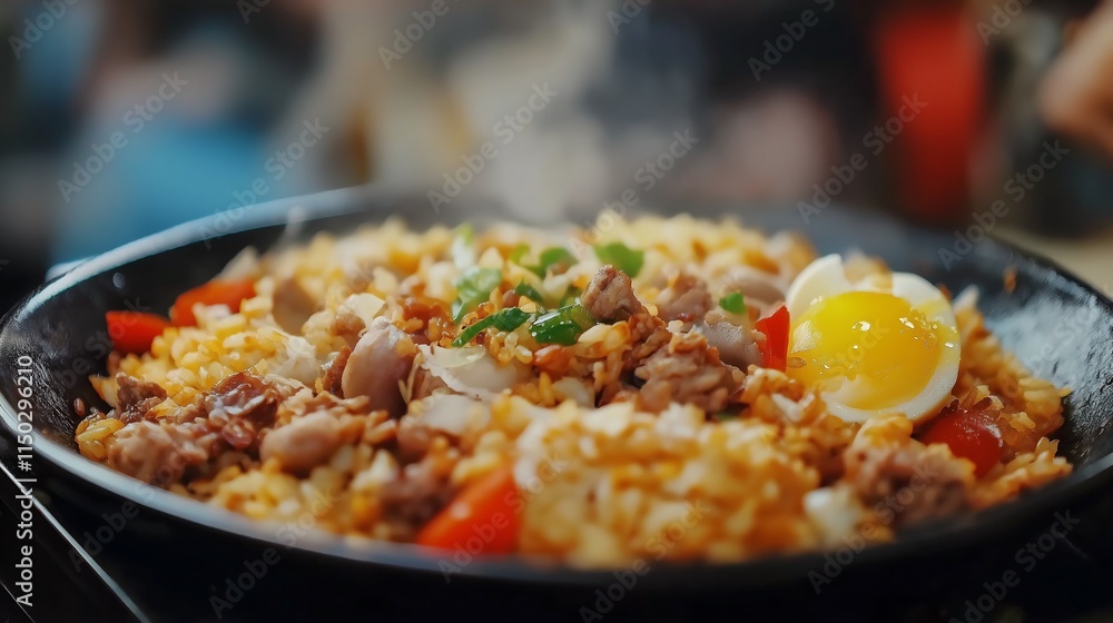 Freshly Made Indonesian Fried Rice with Fluffy Grains, Scrambled Eggs, Colorful Vegetables, and Tender Meat, Garnished with Fresh Cilantro and Drizzled Soy Sauce on a Black Plate Freshly Made Indonesian Fried Rice with Fluffy Grains, Scrambled Eggs, Colorful Vegetables, and Tender Meat, Garnished with Fresh Cilantro and Drizzled Soy Sauce on a Black Plate