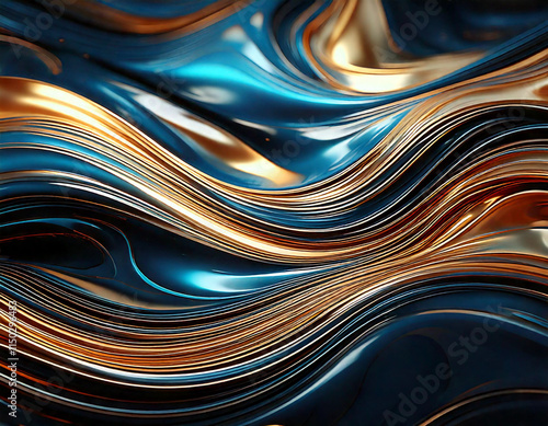 Flowing Wave Structures of Shimmering Metal in Silver, Blue and Gold Abstract Futuristic Texture Scene
