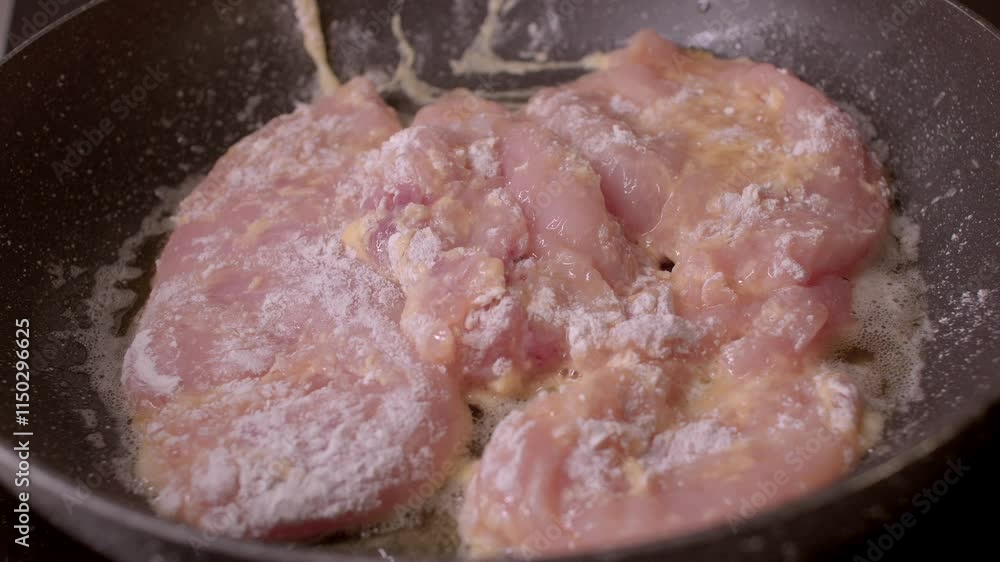 Raw, fresh chicken breasts are sizzling and cooking in a frying pan, sizzling with hot oil Raw, fresh chicken breasts are sizzling and cooking in a frying pan, sizzling with hot oil