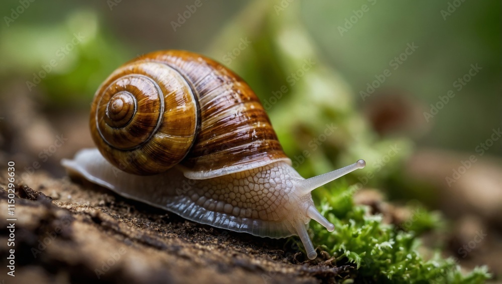 Slow and Steady: Macro of a Snail with Spiral Shell Slow and Steady: Macro of a Snail with Spiral Shell