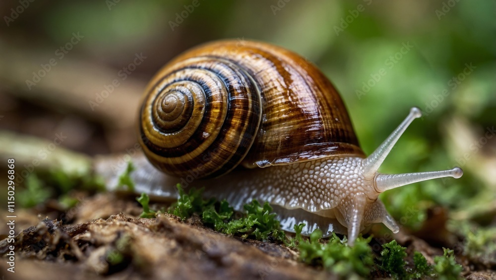Slow and Steady: Macro of a Snail with Spiral Shell Slow and Steady: Macro of a Snail with Spiral Shell