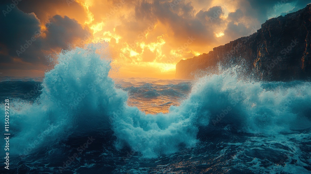 Fototapeta premium Ocean waves crash against cliff at sunset.