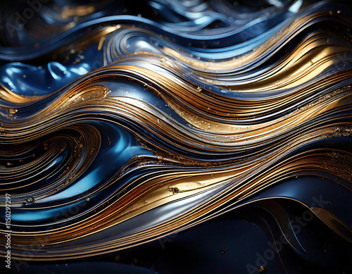 Flowing Wave Structures of Shimmering Metal in Silver, Blue and Gold Abstract Futuristic Texture Scene
