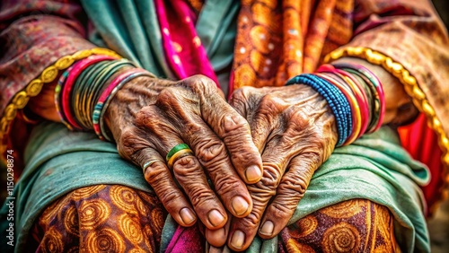 Wrinkled Hands of an Elderly Indian Woman - Close-up Stock Photo