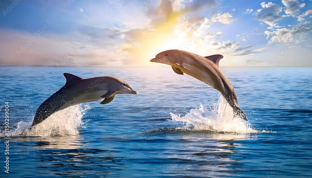 Fototapeta premium Two Dolphins Leaping Ocean Sunset Sunrise Wildlife Marine Life Nature