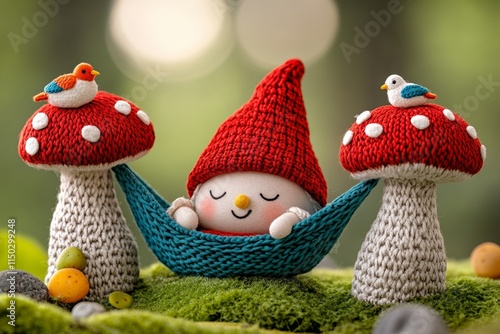 A sleepy gnome dozing in a hammock strung between two giant mushrooms, with tiny birds perched on his hat photo