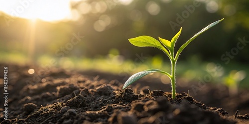 Young Plant Sprout in Soil, Morning Sunlight, High Depth of Field Stock Photo