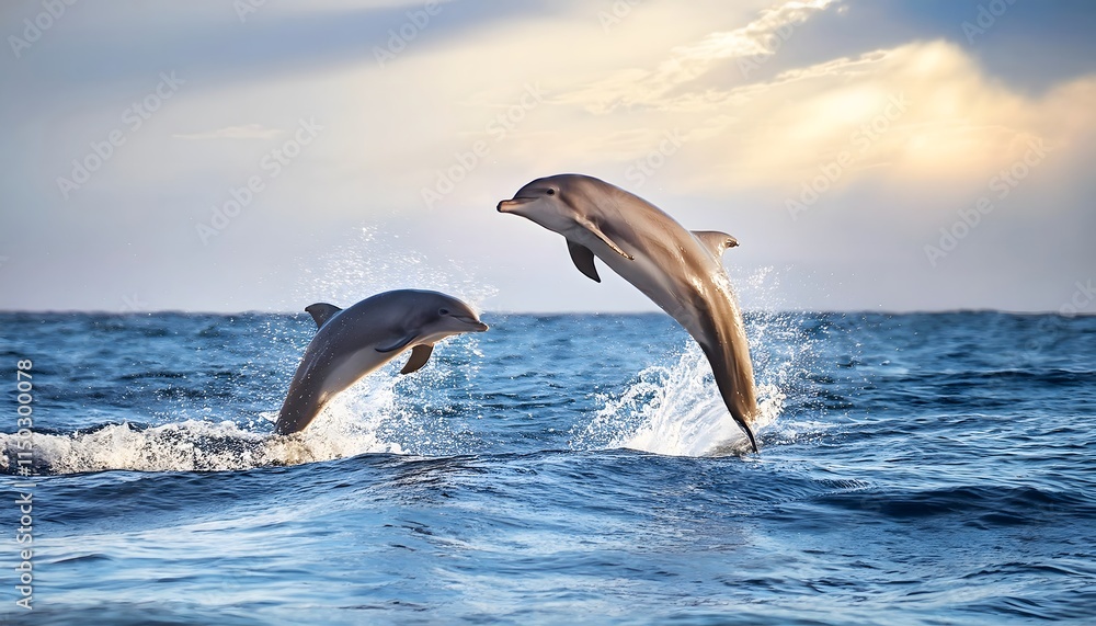 Fototapeta premium Two Dolphins Leaping Ocean Sunset Marine Wildlife Nature