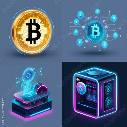 a set of four futuristic icons representing cryptocurrency powered by AI photo