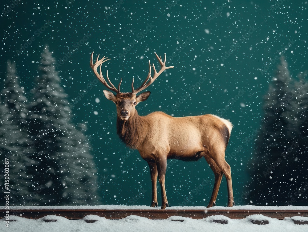 Elk standing beside train on icy track, calm snowfall, dark pine forest backdrop, natural winter magic Elk standing beside train on icy track, calm snowfall, dark pine forest backdrop, natural winter magic