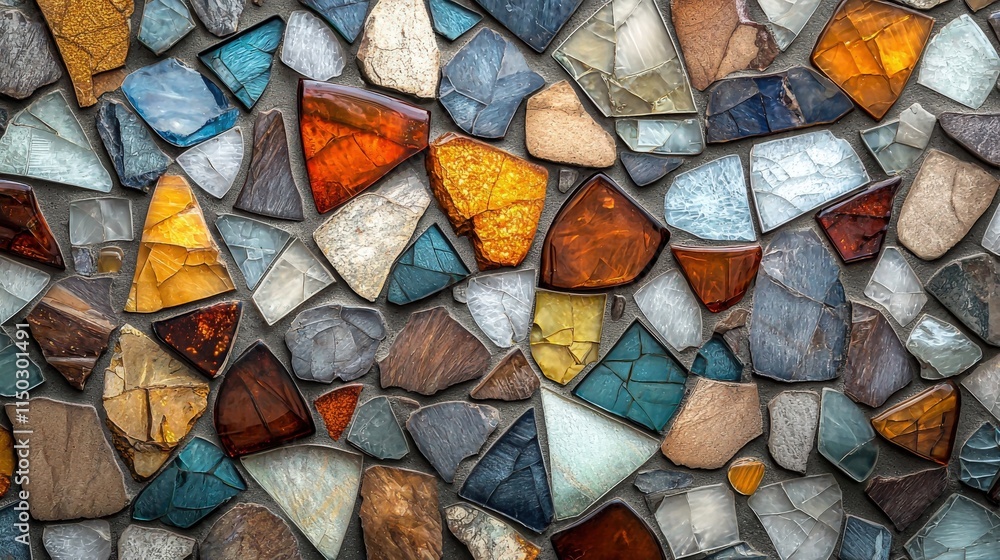 Colorful mosaic of various stones creating a striking wall design in natural light Colorful mosaic of various stones creating a striking wall design in natural light