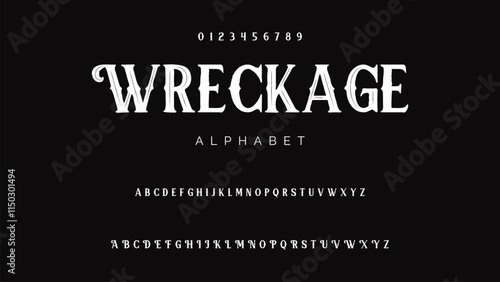 Craft vintage typeface design. Graphic display alphabet. Fantasy type letters. Latin characters, numbers. Vector illustration. Old badge, label, logo template.