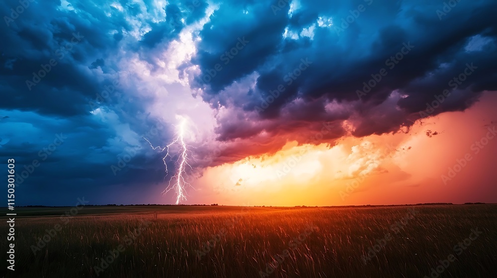 Dramatic Lightning Storm Sunset Over Field Nature Photography Dramatic Lightning Storm Sunset Over Field Nature Photography