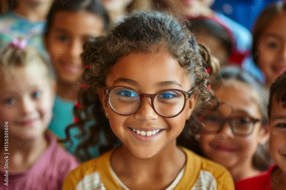 A group of children are smiling and wearing glasses A group of children are smiling and wearing glasses