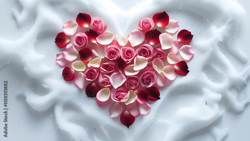 A Heartfelt Arrangement of Roses and Petals on Creamy White Background Romantic Floral Composition A Heartfelt Arrangement of Roses and Petals on Creamy White Background Romantic Floral Composition