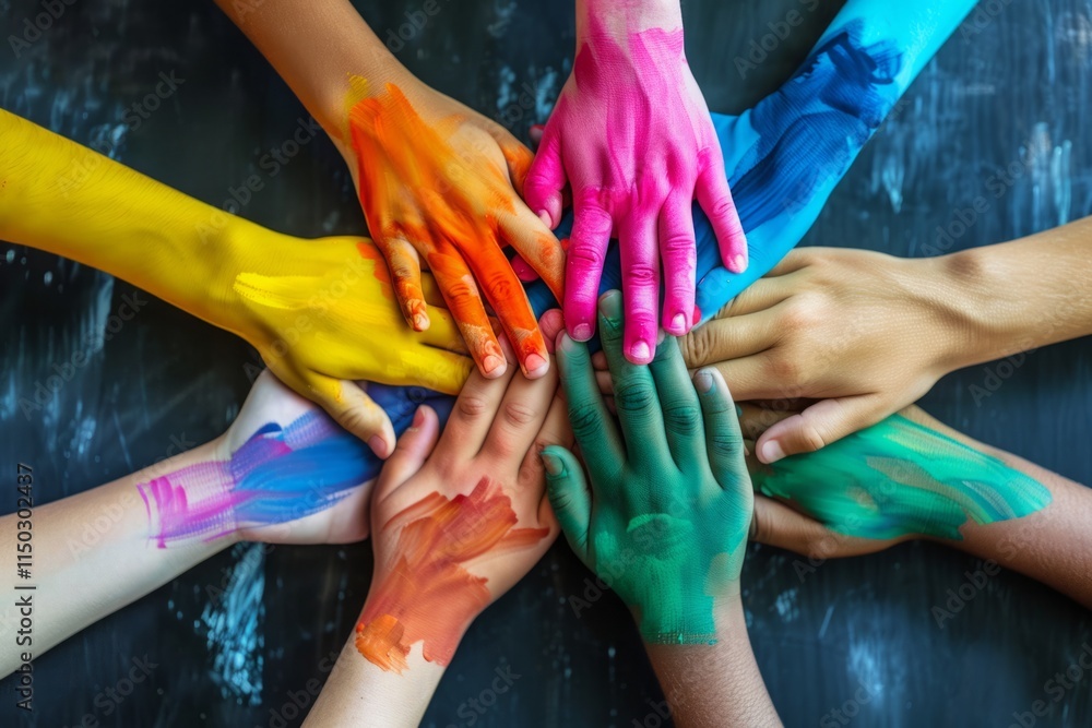 Fototapeta premium A group of people with their hands painted in different colors