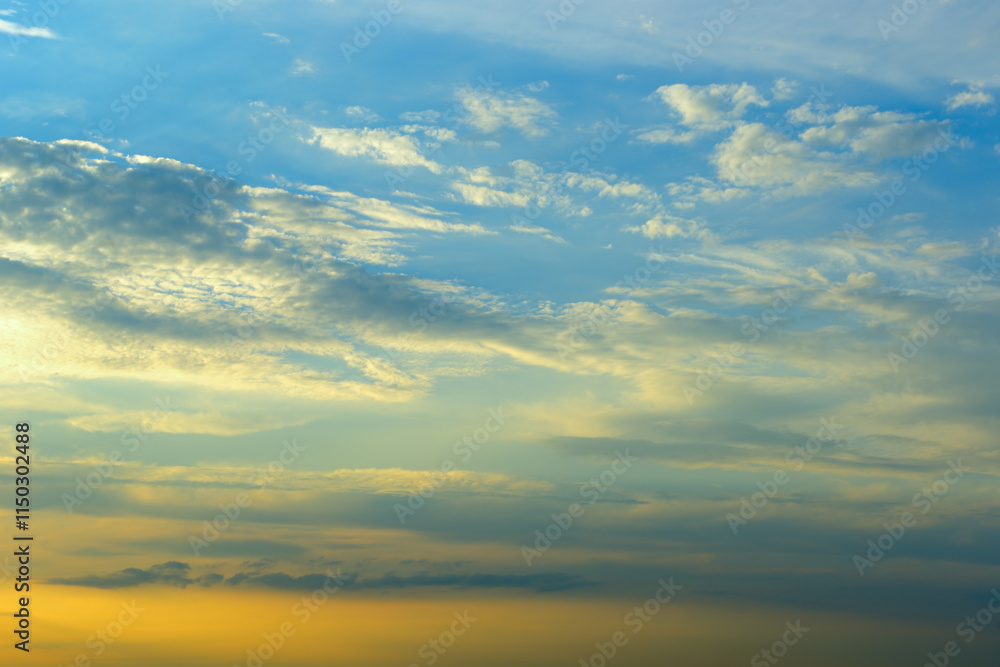Real majestic sunrise sundown sky background with gentle colorful clouds without birds. Real majestic sunrise sundown sky background with gentle colorful clouds without birds.