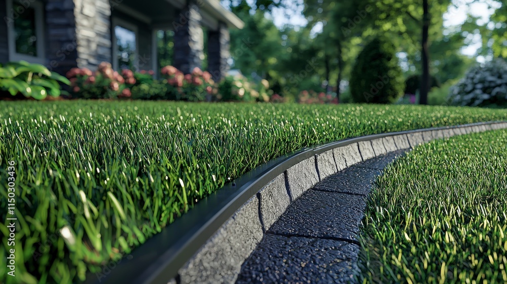 Obraz premium Lawn edging action with professional blades residential property landscape photography well-maintained garden close-up view