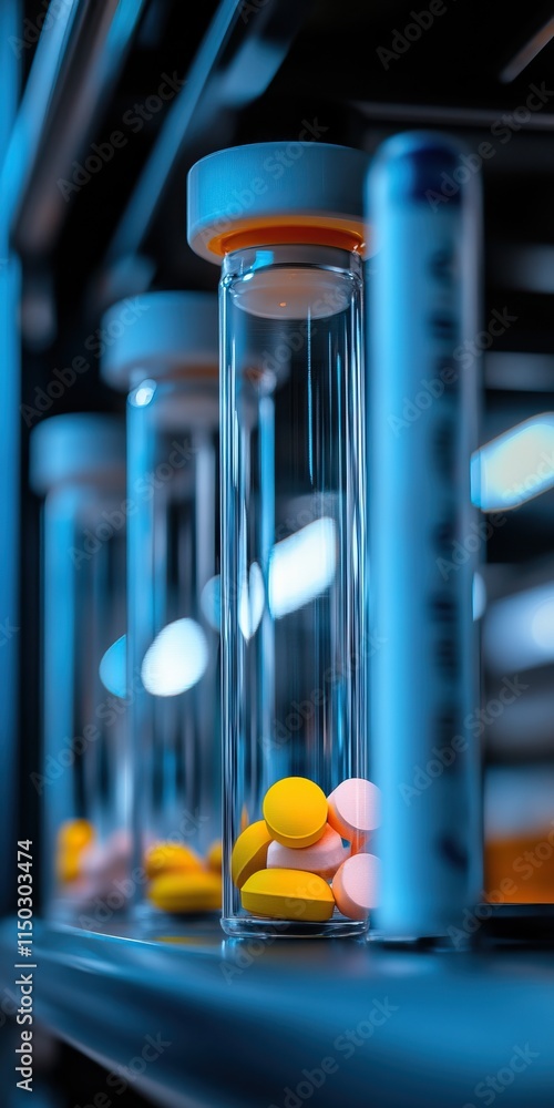 Fototapeta premium A close-up view of colorful pills inside transparent vials, illuminated by blue lighting, showcasing a modern pharmaceutical environment.