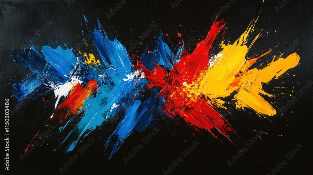 Dynamic abstract expressionism vivid paint splashes in primary colors on dark background Dynamic abstract expressionism vivid paint splashes in primary colors on dark background