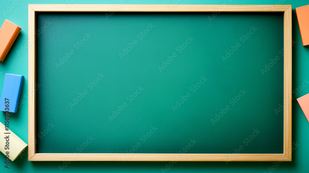 Colorful blocks around a blank chalkboard on a green background. Colorful blocks around a blank chalkboard on a green background.