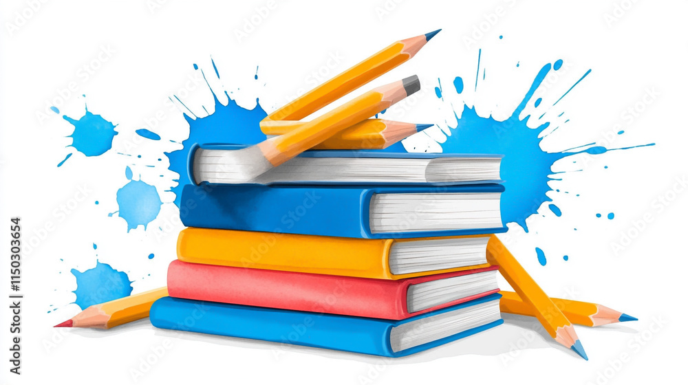 Fototapeta premium Colorful books and pencils with splash paint background.