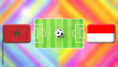 Morocco and Indonesia flag on soccer field with ball.Football match concept against multicolored abstract background.Copy space for text.	