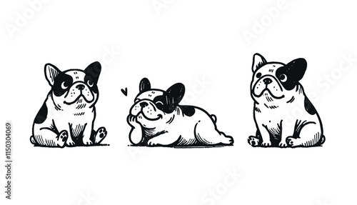 Minimalistic hand drawn French bulldog in various poses, bold black lines