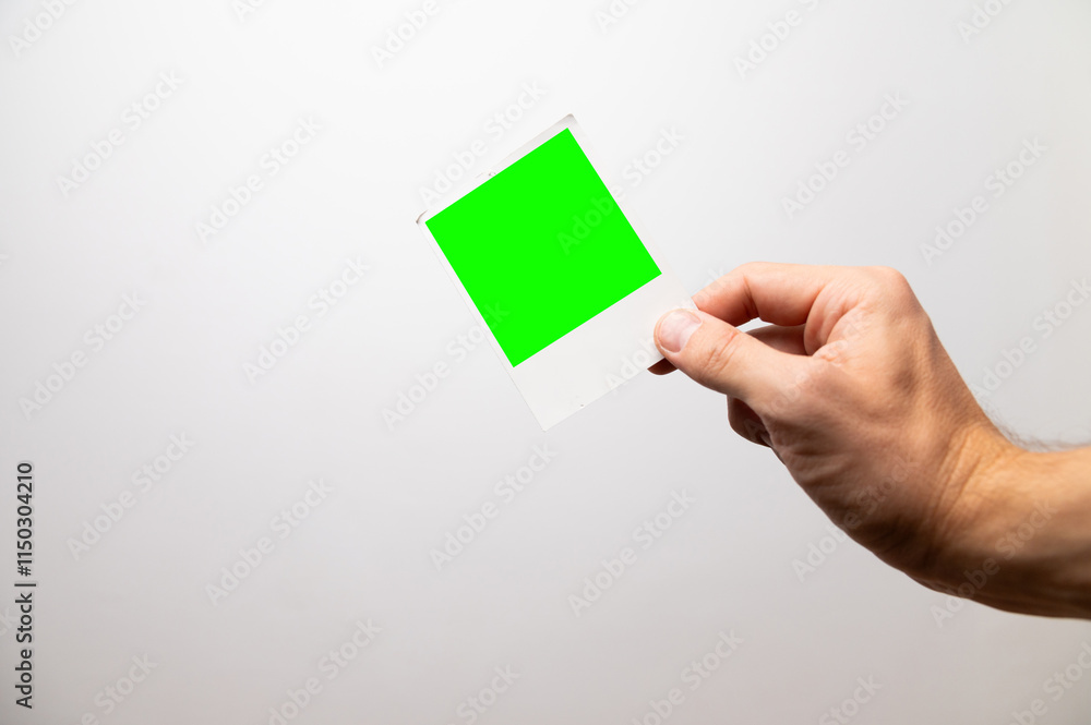 guy holds a blank instant photo card on a gray background. A man's hand shows a photograph guy holds a blank instant photo card on a gray background. A man's hand shows a photograph