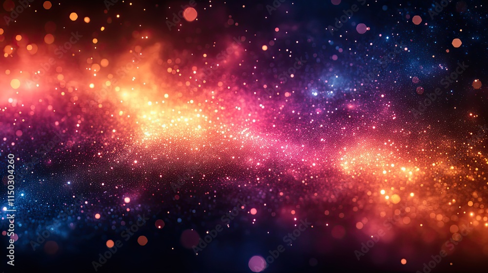 A background with particles, dots, and bokeh creates an abstract and colorful design with a galaxy-like effect