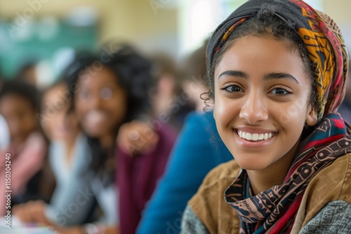 A girl with a scarf on her head is smiling at the camera
