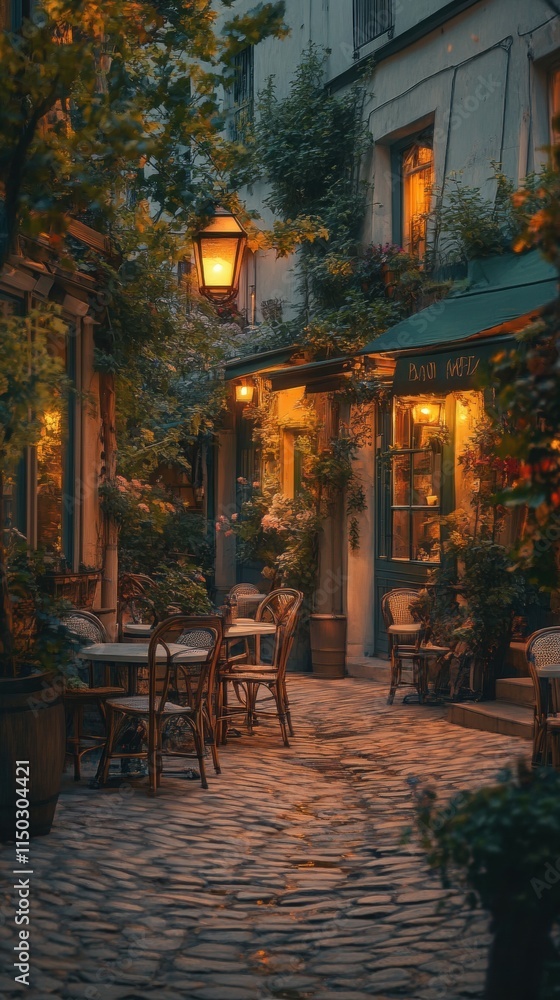 Fototapeta premium Romantic dusk ambiance a relaxing evening on a european city terrace