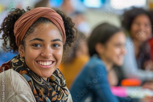 A young girl wearing a grey scarf is smiling