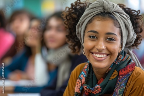 A young girl wearing a grey scarf is smiling