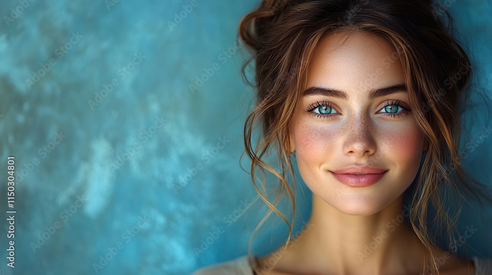 A beautiful woman with a happy smile and casual clothes, showcasing fashion, makeup, and cosmetics in a studio portrait A beautiful woman with a happy smile and casual clothes, showcasing fashion, makeup, and cosmetics in a studio portrait