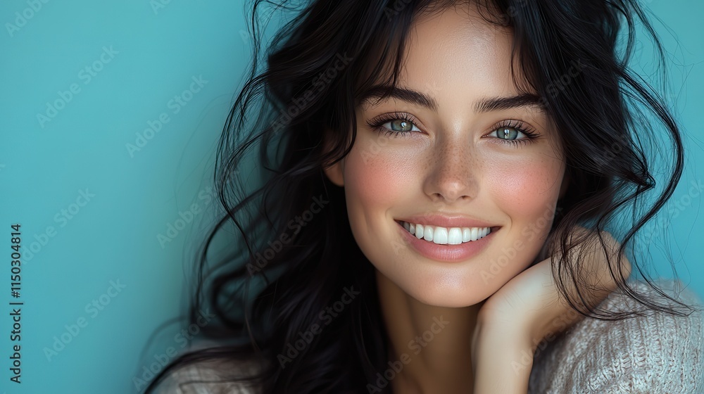 A beautiful woman with a happy smile and casual clothes, showcasing fashion, makeup, and hair cosmetics in a studio portrait A beautiful woman with a happy smile and casual clothes, showcasing fashion, makeup, and hair cosmetics in a studio portrait