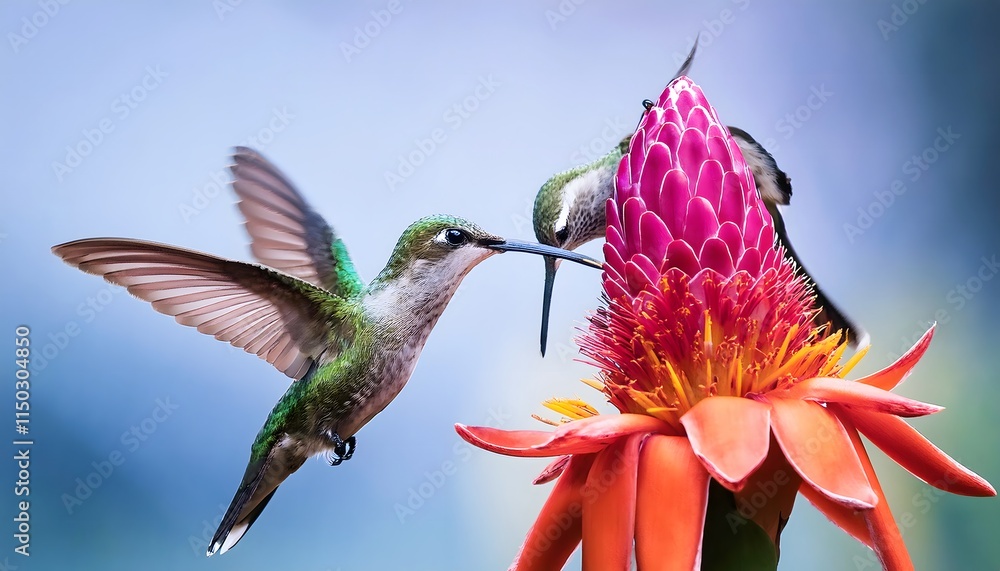 Fototapeta premium Hummingbirds Feeding on Vibrant Tropical Flower