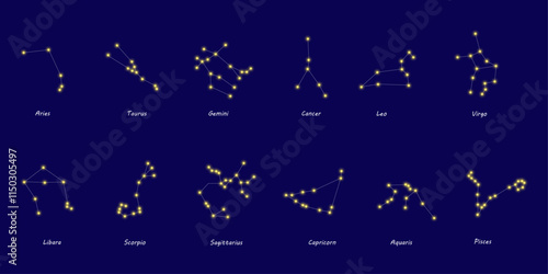 Twelve zodiac signs, horoscope. Astrological symbols. Zodiac constellations. Star constellation and star maps, night sky. Mythical celestial navigation design