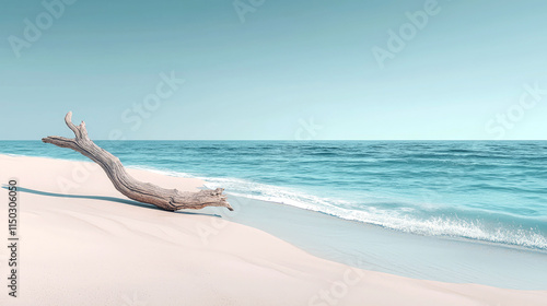 Driftwood on serene beach, clear sky, ocean.