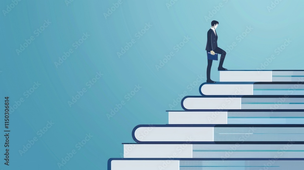 Businessman Climbing Stairs Made of Books Businessman Climbing Stairs Made of Books