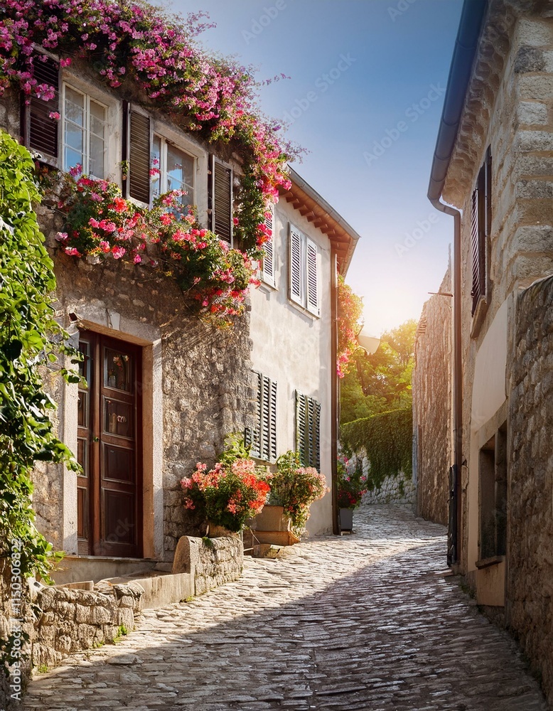 Fototapeta premium Generated image Charming Narrow Street with Flowered Windows on a Steep Stone