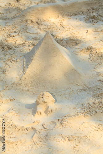 Sand castle copy of Egypt pyramid and Great Sphinx on the beach