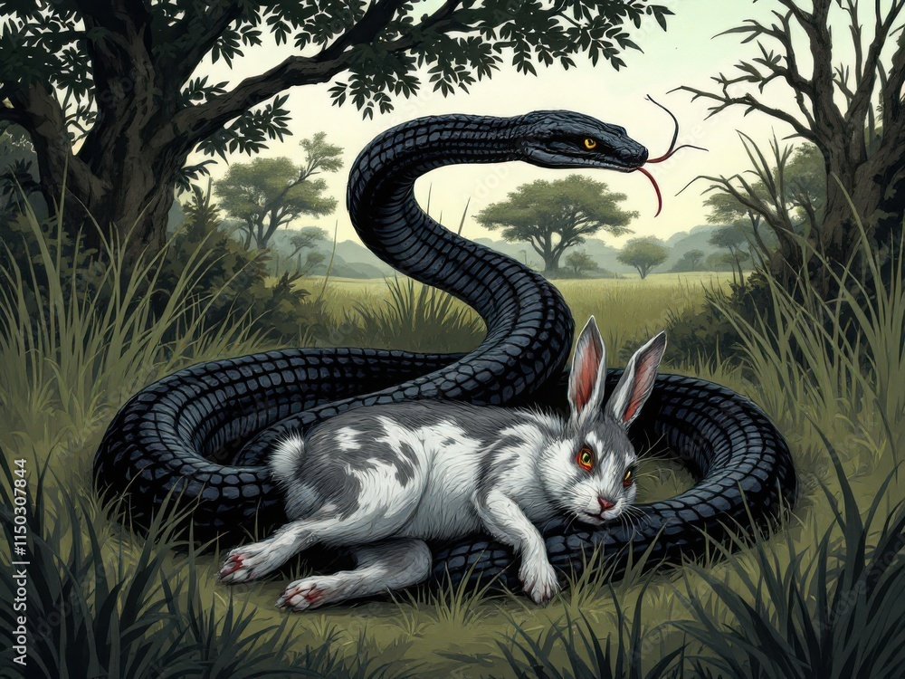 Naklejka premium Enchanted Encounter: Serpent and Hare in the Wild